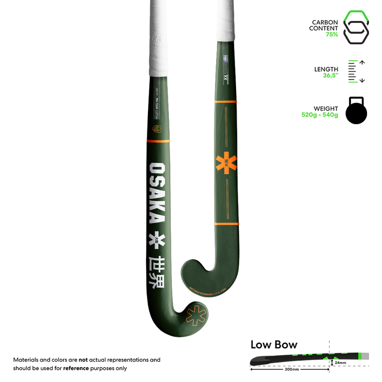 Dark green hockey stick with black grip, orange star on blade, and white shaft printing.