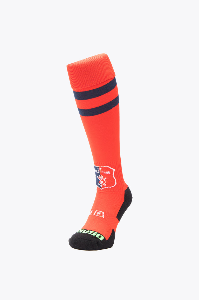 KHC Brugge Field Hockey Socks in red and navy with Osaka logo in green. Front view