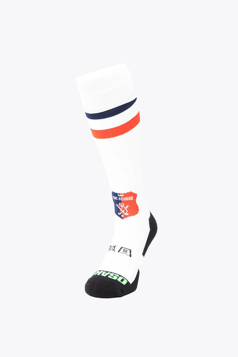 KHC Brugge Field Hockey Socks - White KHC Brugge Field Hockey Socks in white with Osaka logo in green. Front view