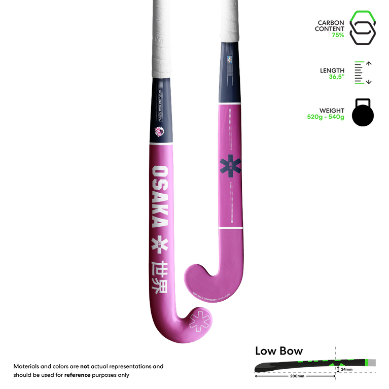 Pink hockey stick with white shaft and Osaka branding