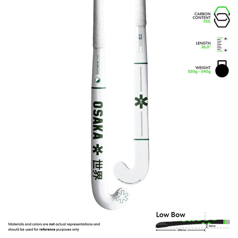Ice hockey stick with white shaft, green star graphics, curved white blade