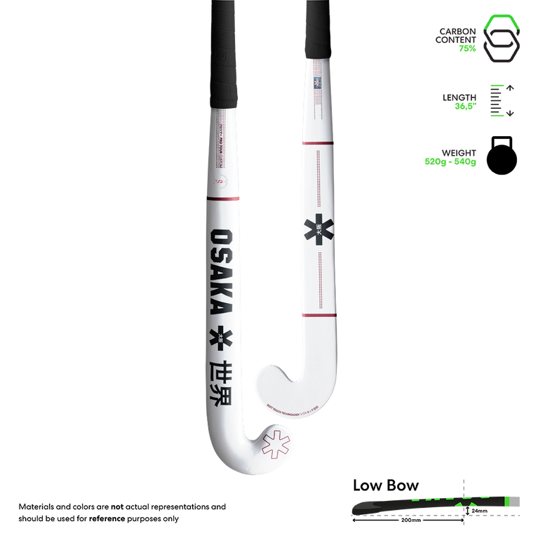 White and silver hockey stick with curved blade and red accent lines