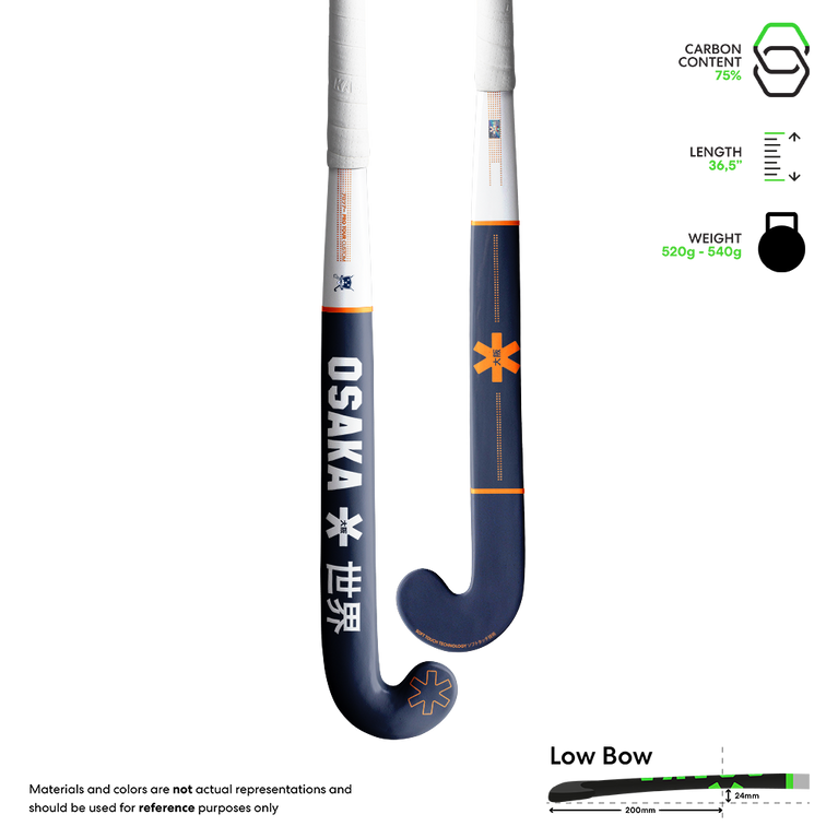 Dark blue hockey stick with orange accents and curved blade