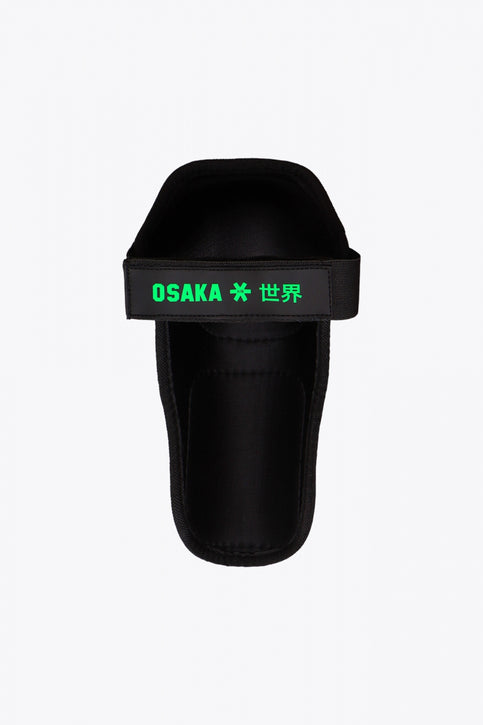 Osaka knee protection iconic black with green logo. Front view