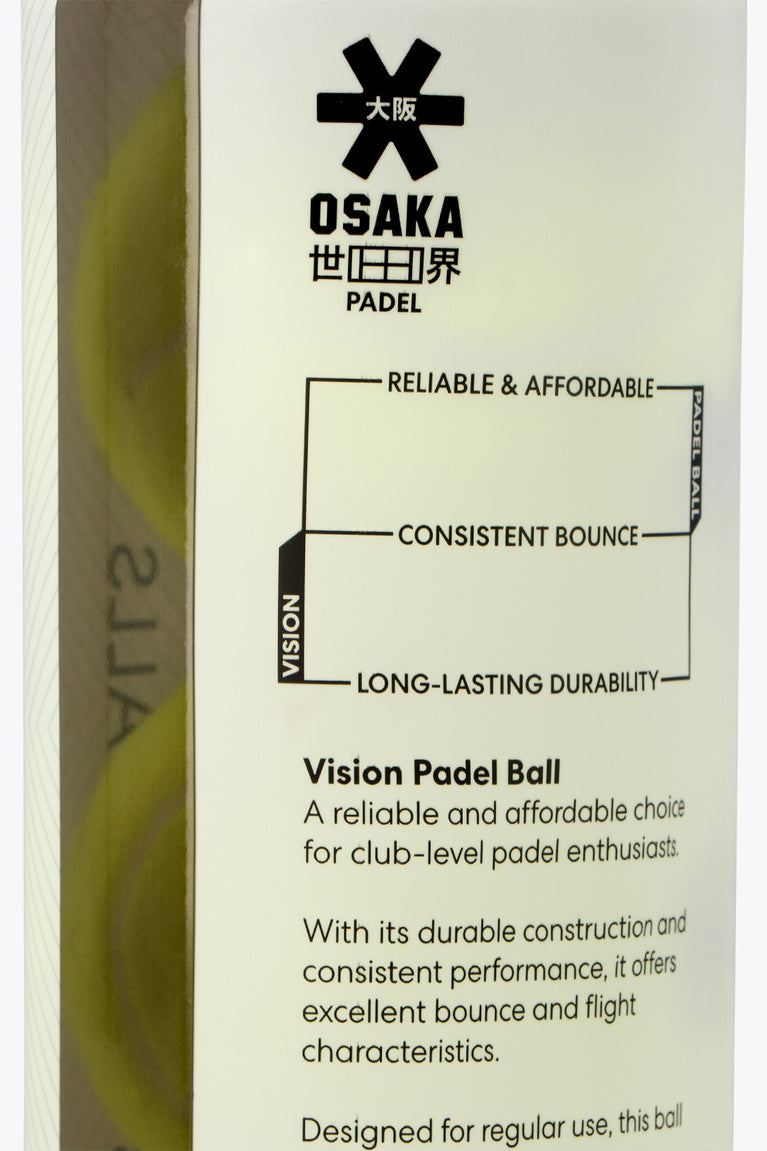 Osaka pro tour 3 padel balls in white tube. Close view