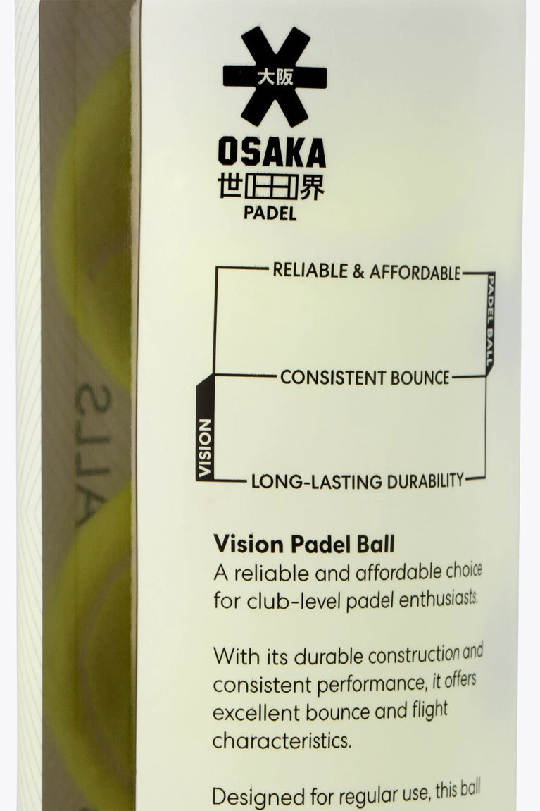 Osaka pro tour 3 padel balls in white tube. Close view