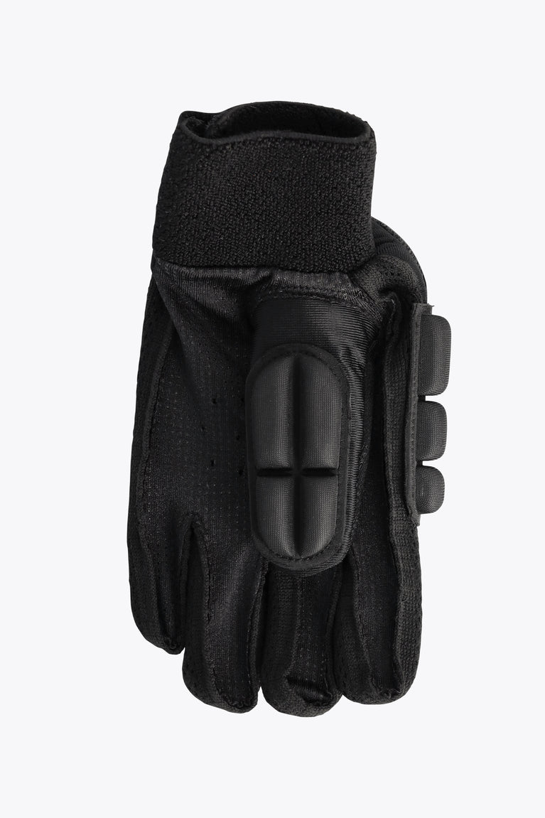 Left-hand hockey indoor glove, black full-foam wrist and oval knuckle padding.