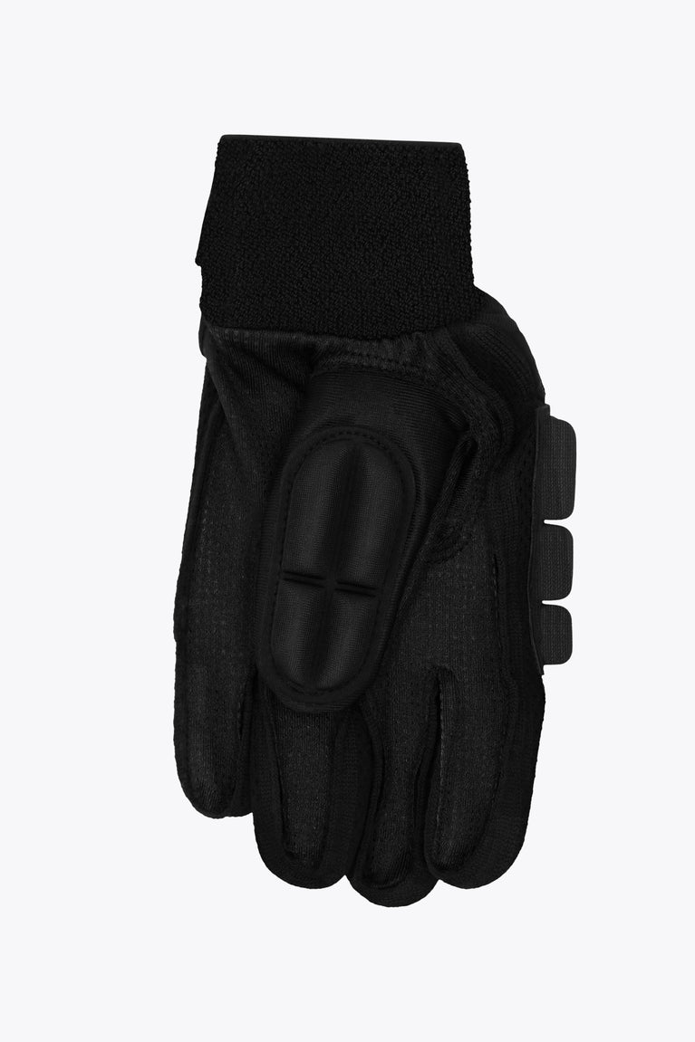 Left-hand indoor hockey glove, black with molded backhand protector