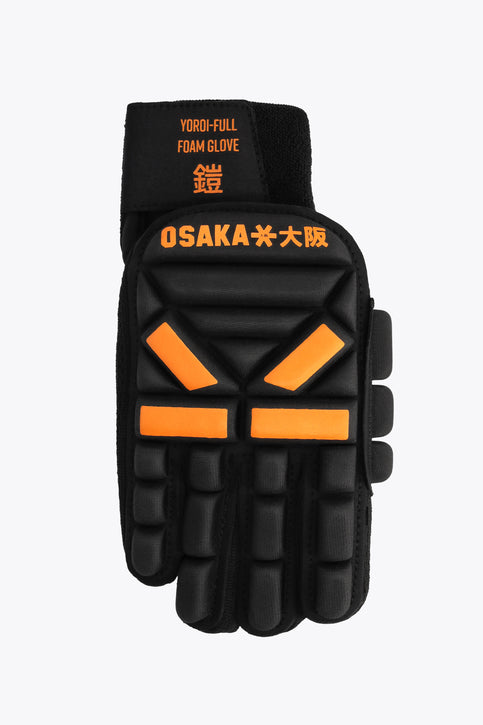 Osaka Hockey Indoor Glove Yoroi Full Foam - Right Hand | Orange Tiger Right-hand hockey indoor glove, black with orange foam padding and accents