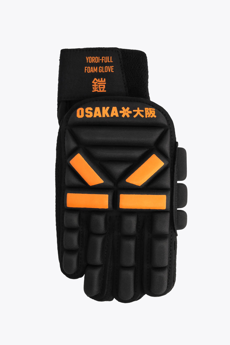 Right-hand hockey indoor glove, black with orange foam padding and accents