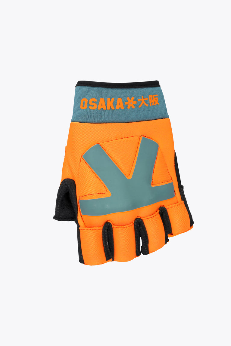 Orange and teal hockey arm guard with black cuff and Osaka logo lettering
