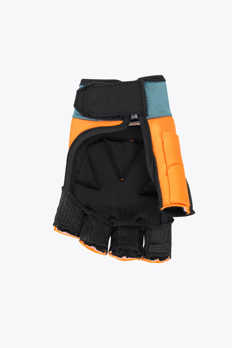 Orange, teal, and black hockey arm guard with padded side flap and strap closure