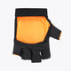Orange padded hockey glove, black back and cuff, thumb opening and finger holes