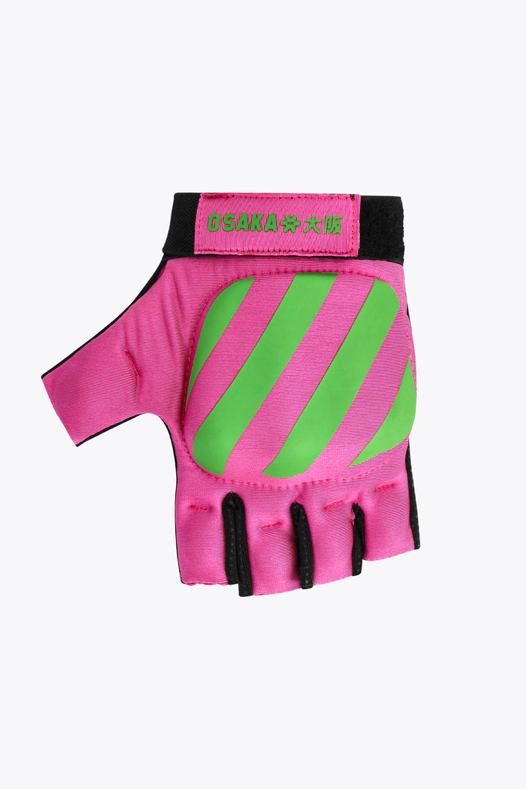 Hockey glove, pink with wild lime green stripes and black finger pads