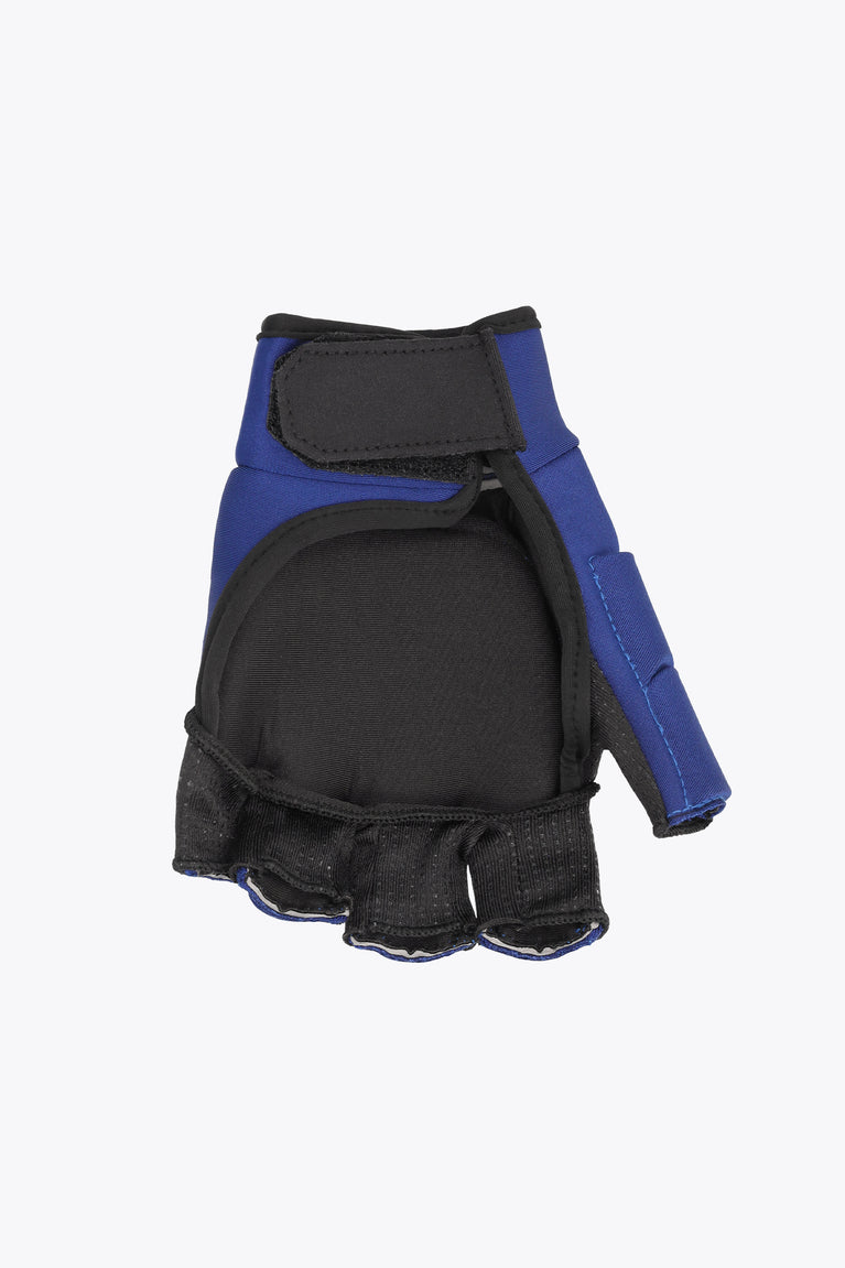 Blue hockey glove with black wrist strap and fingerless padded palm