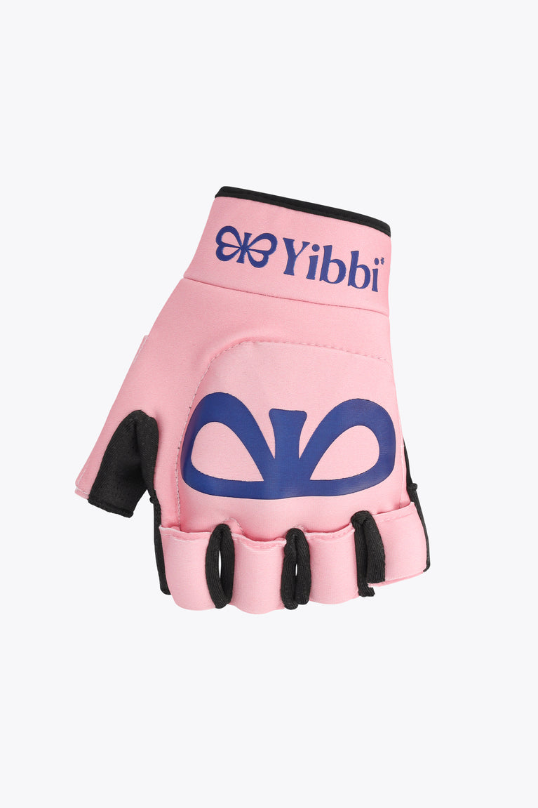 Pastel pink hockey glove with black palm and open fingers, padded wrist cuff