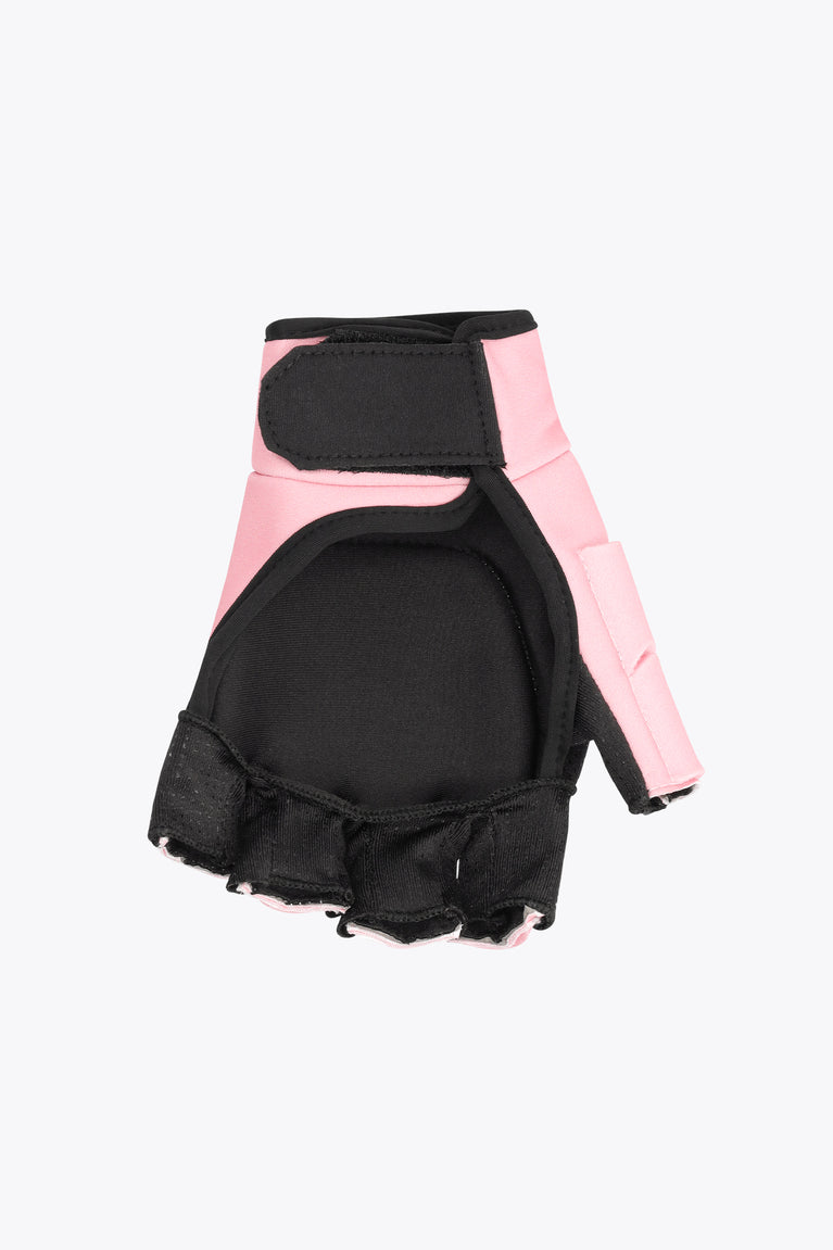 Pink and black hockey glove with padded back and open-finger design