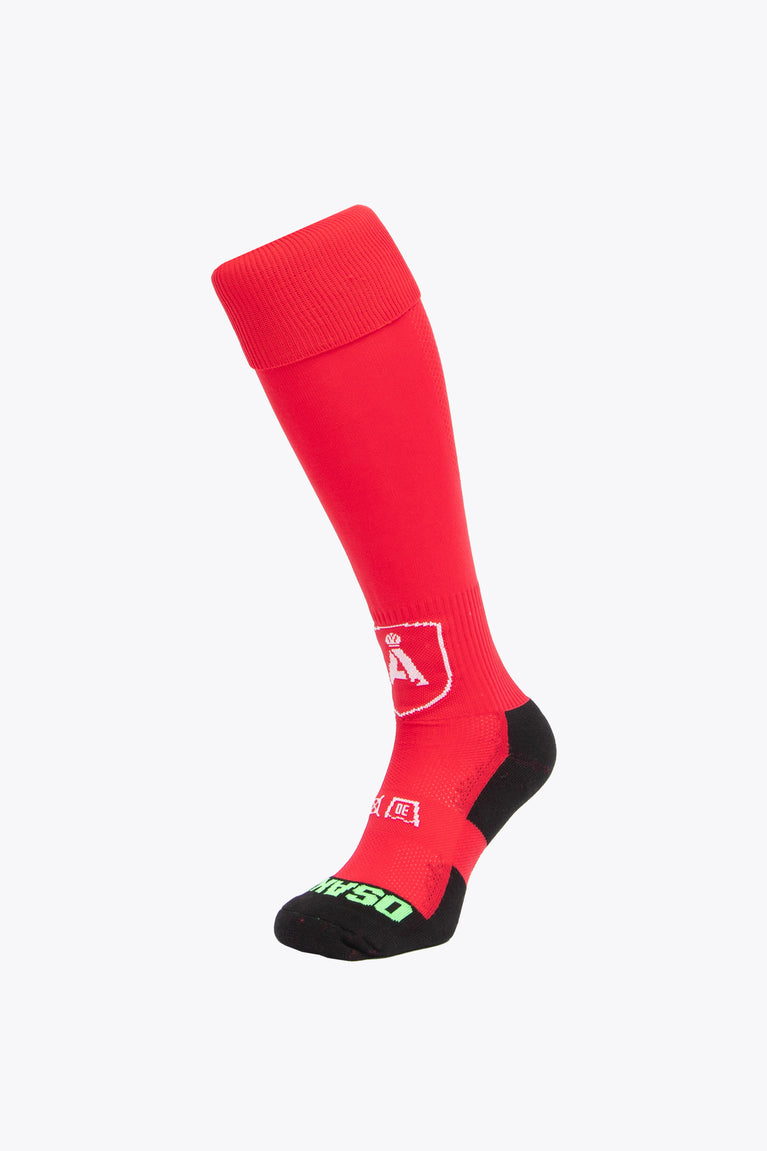 RAHC Field Hockey Socks in red with Osaka logo in green. Front view