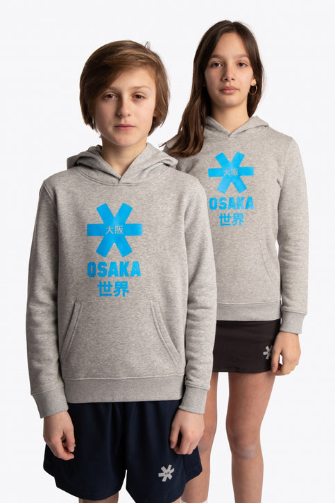 Boy and girl wearing the Osaka kids hoodie in grey with blue star logo. Front view