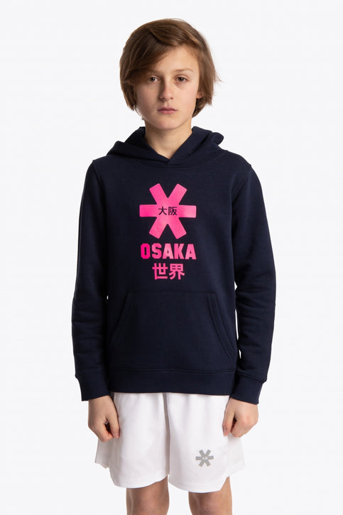 Boy and girl wearing the Osaka kids hoodie in navy with pink star logo. Front view