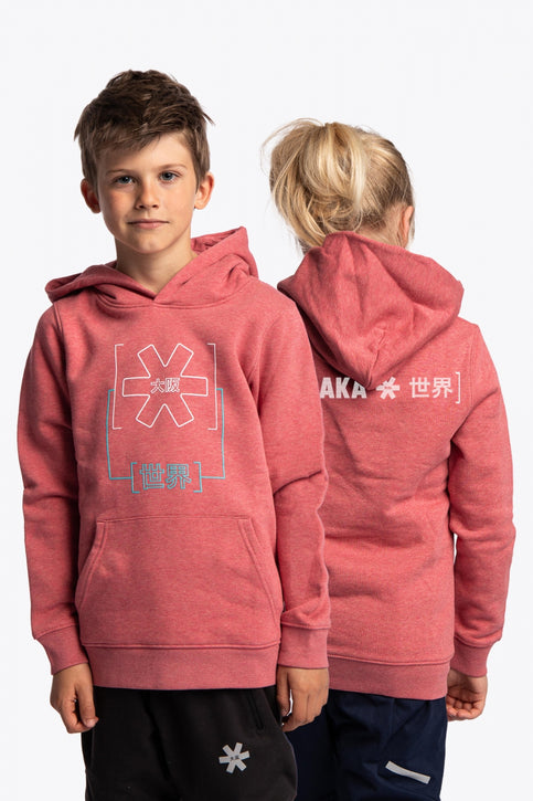 Boy and girl wearing the Osaka kids trace hoodie in cranberry with logo in white and blue. Front and back view