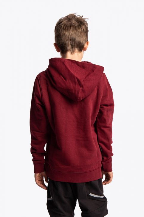 Boy and girl wearing the Osaka kids vintage hoodie in burgundy with logo in orange. Front view