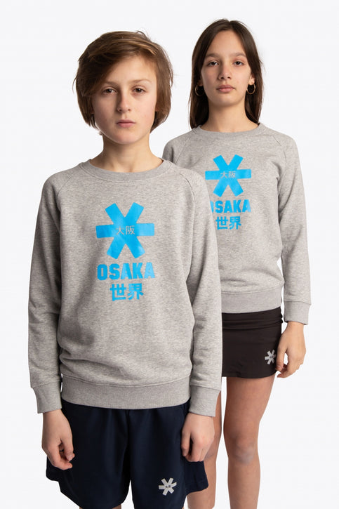 Boy and girl wearing the Osaka kids sweater in grey with logo in blue. Front view