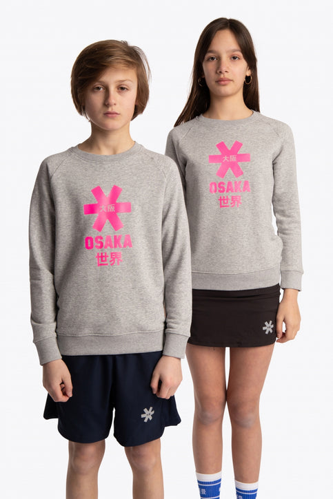 Boy and girl wearing the Osaka kids sweater in grey with pink logo. Front view