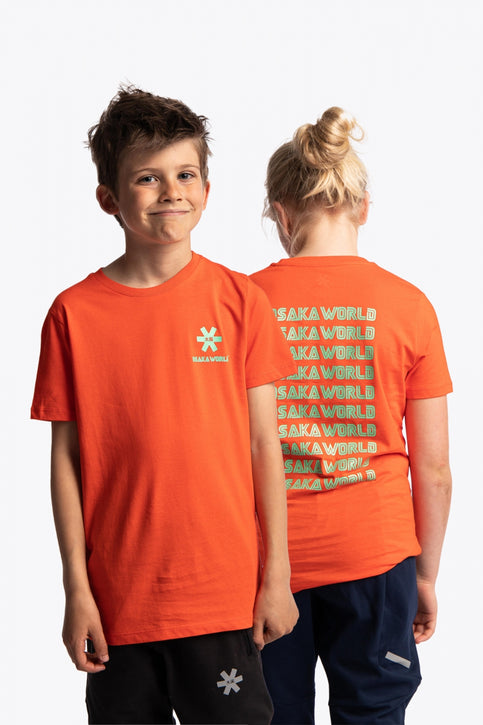 Boy and girl wearing the Osaka kids service games tee short sleeve orange with logo in green. Back and front view