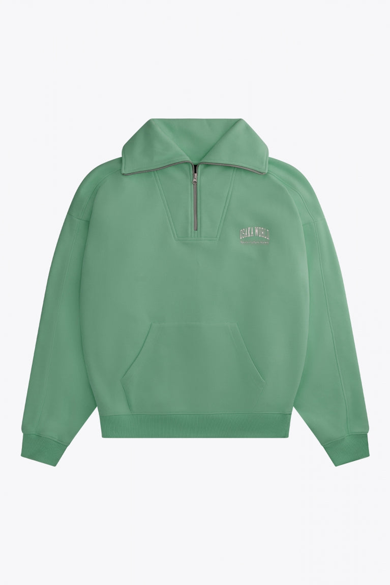 Osaka women half zip sweater green. Front flatlay view