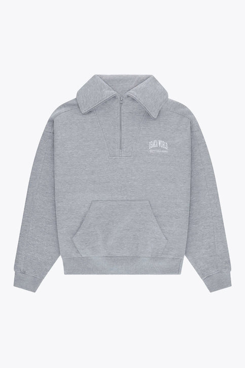 Osaka Women Half Zip Sweater | Heather Grey Osaka women half zip sweater in heather grey with white logo. Front flatlay view