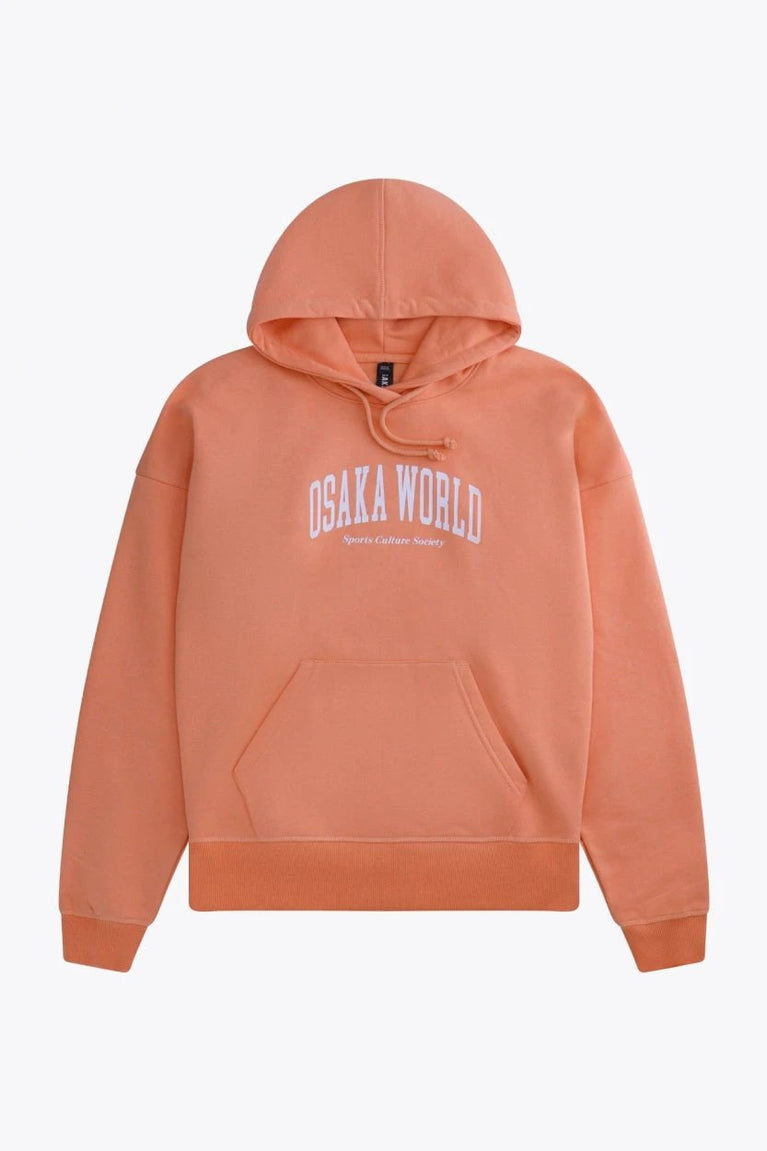 Osaka women hoodie in peach with white logo. Front flatlay view