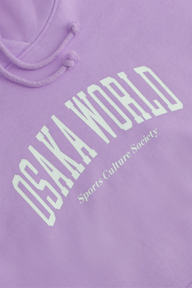 Osaka women hoodie in light purple with white logo. Front flatlay detail logo view