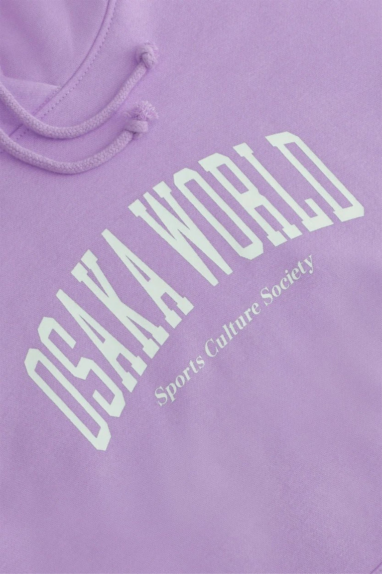 Osaka women hoodie in light purple with white logo. Front flatlay detail logo view