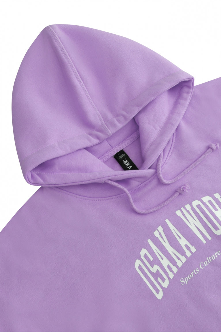 Osaka women hoodie in light purple with white logo. Front flatlay detail cap view