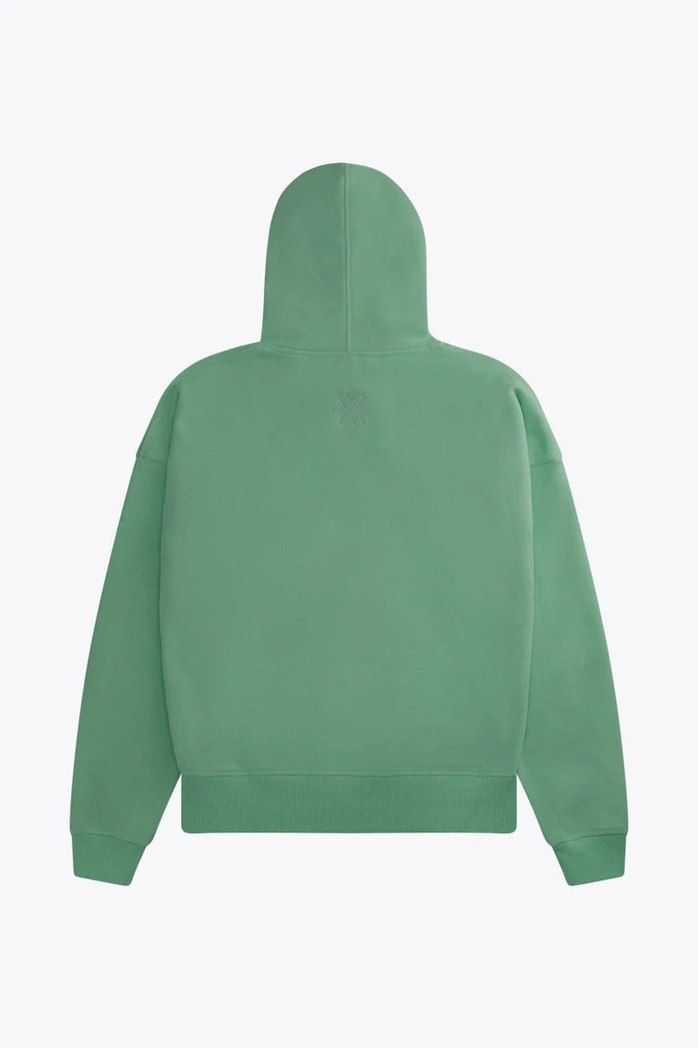 Osaka women hoodie in green with white logo. Back flatlay view