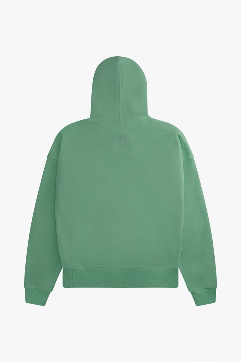 Osaka women hoodie in green with white logo. Back flatlay view