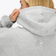 Woman wearing the Osaka women hoodie in heather grey with white logo. Back detail cap and logo view