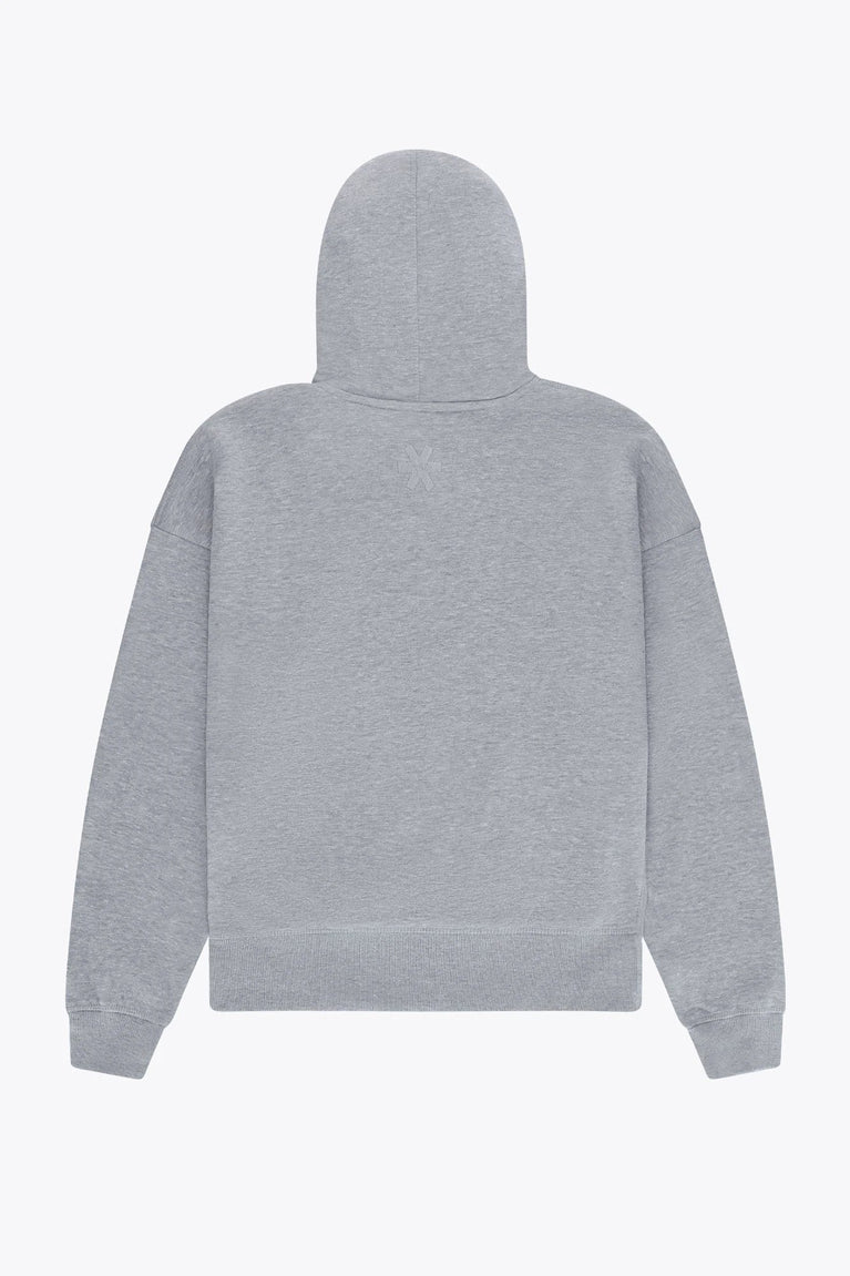 Osaka women hoodie in heather grey with white logo. Back flatlay view