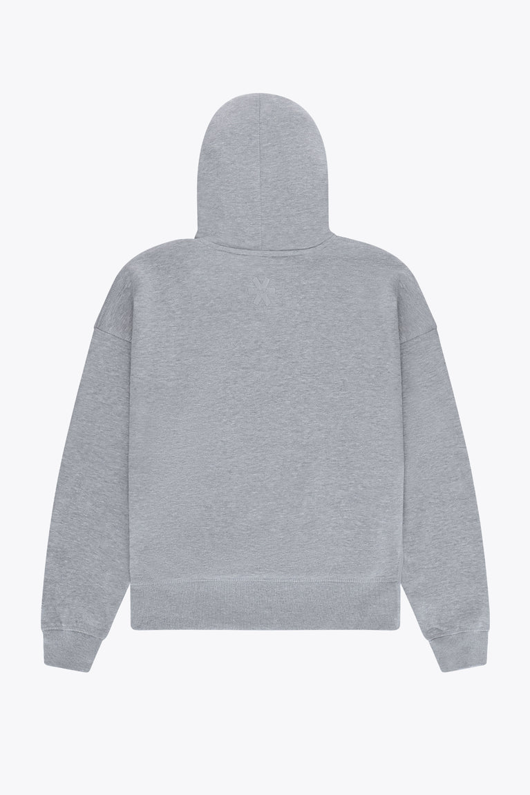Osaka women hoodie in heather grey with white logo. Back flatlay view