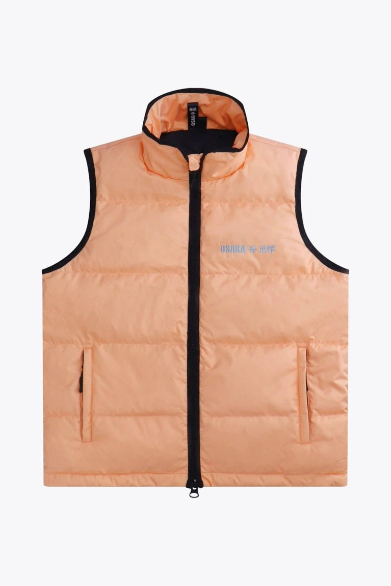 Osaka women padded gilet in peach with grey logo. Front flatlay view