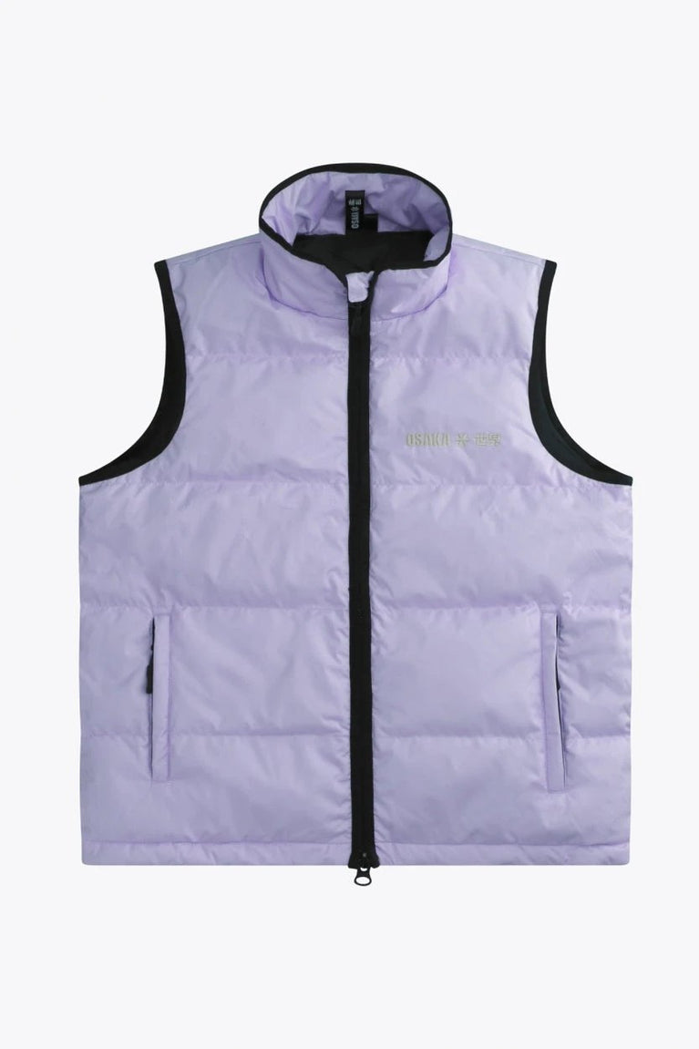 Osaka women padded gilet in purple with grey logo. Front flatlay view