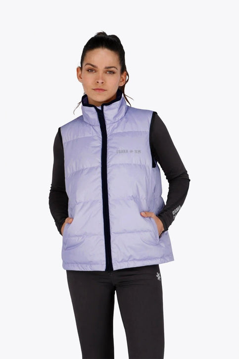Osaka Women Padded Gilet | Light Purple Osaka women padded gilet in purple with grey logo. Front flatlay view