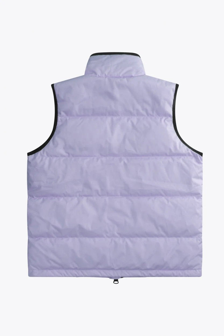 Osaka women padded gilet in purple with grey logo. Back flatlay view
