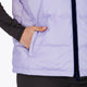 Osaka women padded gilet in purple with grey logo. Front detail pocket view