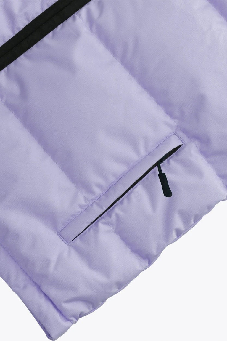 Osaka women padded gilet in purple with grey logo. Front flatlay detail pocket view