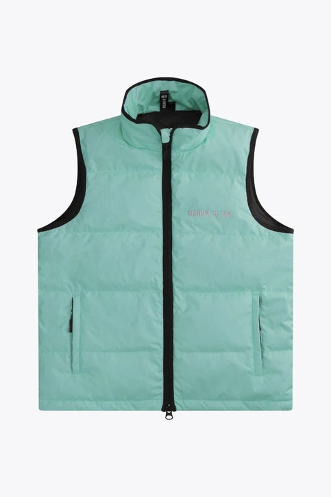 Osaka Women Padded Gilet | Green Osaka women padded gilet in green with grey logo. Front flatlay view