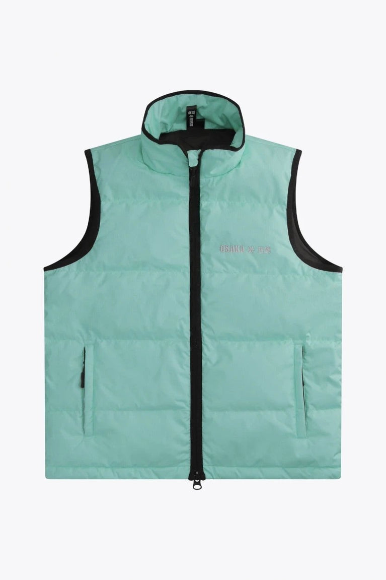 Osaka women padded gilet in green with grey logo. Front flatlay view