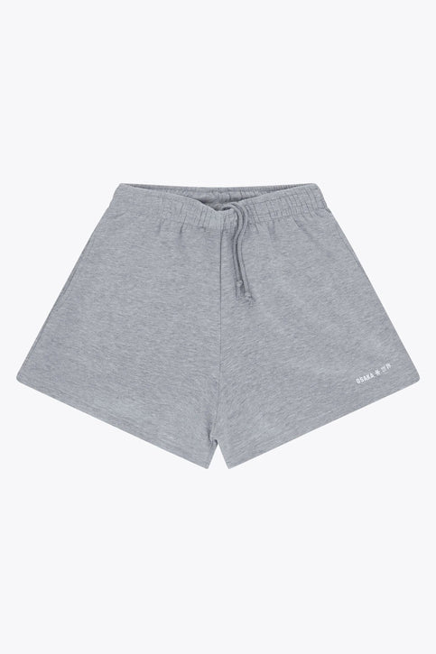 Osaka Women Shorts | Heather Grey Osaka women shorts in heather grey with logo in white. Front flatlay view