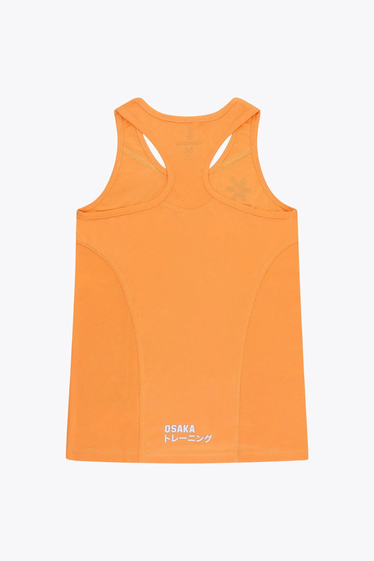 Osaka women singlet in orange with logo in grey. Back flatlay view